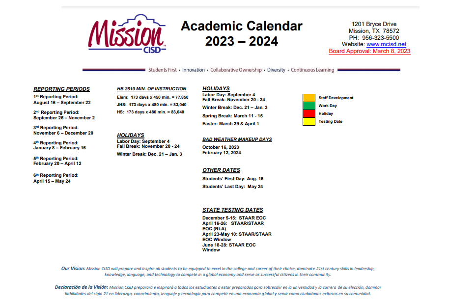 District School Academic Calendar Key for Alter Sch