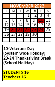 District School Academic Calendar for Robert E Lee Primary Elementary School for November 2023