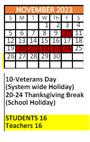 District School Academic Calendar for Pointe Academy for November 2023