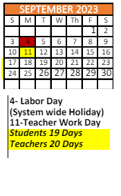 District School Academic Calendar for W H Council Traditional School for September 2023
