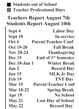District School Academic Calendar Legend for Wayland Bonds Es