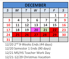 District School Academic Calendar for Paul Hadley Middle Sch for December 2023