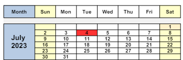 District School Academic Calendar for Oak Grove Middle for July 2023