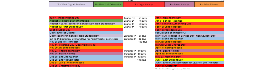 District School Academic Calendar Key for Horizons Alternative