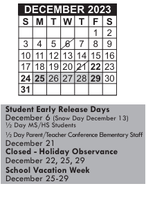District School Academic Calendar for James B Congdon for December 2023