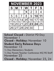 District School Academic Calendar for James B Congdon for November 2023