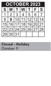 District School Academic Calendar for James B Congdon for October 2023