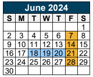 District School Academic Calendar for Valley Ranch Elementary for June 2024