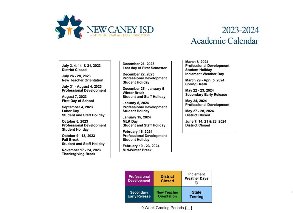 District School Academic Calendar Key for New Caney Elementary