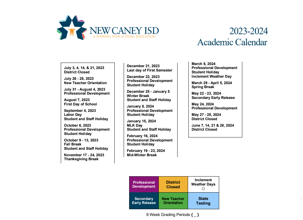 District School Academic Calendar Key for New Caney Sixth Grade Campus