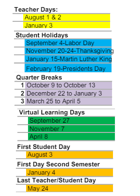District School Academic Calendar Legend for Parker Elementary School