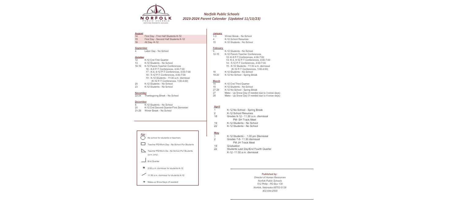 District School Academic Calendar Key for Grant Elementary School