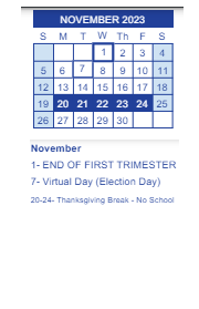 District School Academic Calendar for Parkview Intermediate School for November 2023