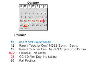 District School Academic Calendar for Dubois Middle School for October 2023