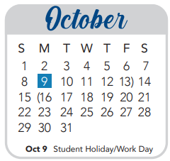 District School Academic Calendar for Excel Academy for October 2023