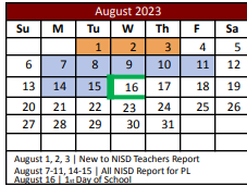 District School Academic Calendar for Denton Co J J A E P for August 2023