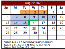 District School Academic Calendar for Kay Granger Elementary for August 2023