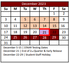 District School Academic Calendar for J Lyndal Hughes Elementary for December 2023
