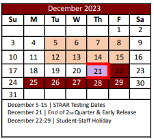 District School Academic Calendar for Lakeview Elementary for December 2023