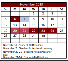District School Academic Calendar for Gene Pike Middle for November 2023