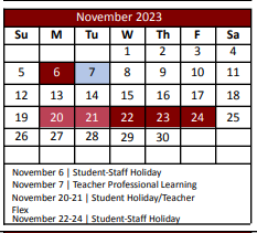 District School Academic Calendar for Justin Elementary for November 2023