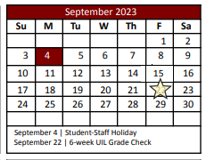 District School Academic Calendar for Denton Co J J A E P for September 2023