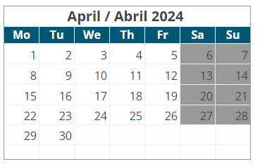 District School Academic Calendar for Astec Charter MS for April 2024