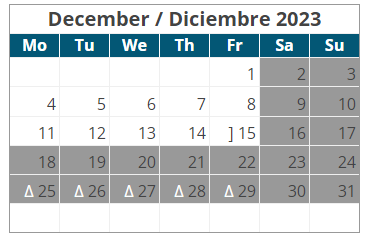 District School Academic Calendar for Harding Charter Preparatory HS for December 2023