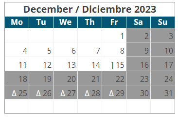 District School Academic Calendar for Astec Charter MS for December 2023
