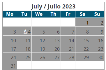 District School Academic Calendar for Astec Charter MS for July 2023