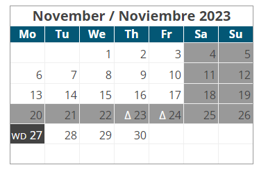 District School Academic Calendar for Harding Charter Preparatory HS for November 2023