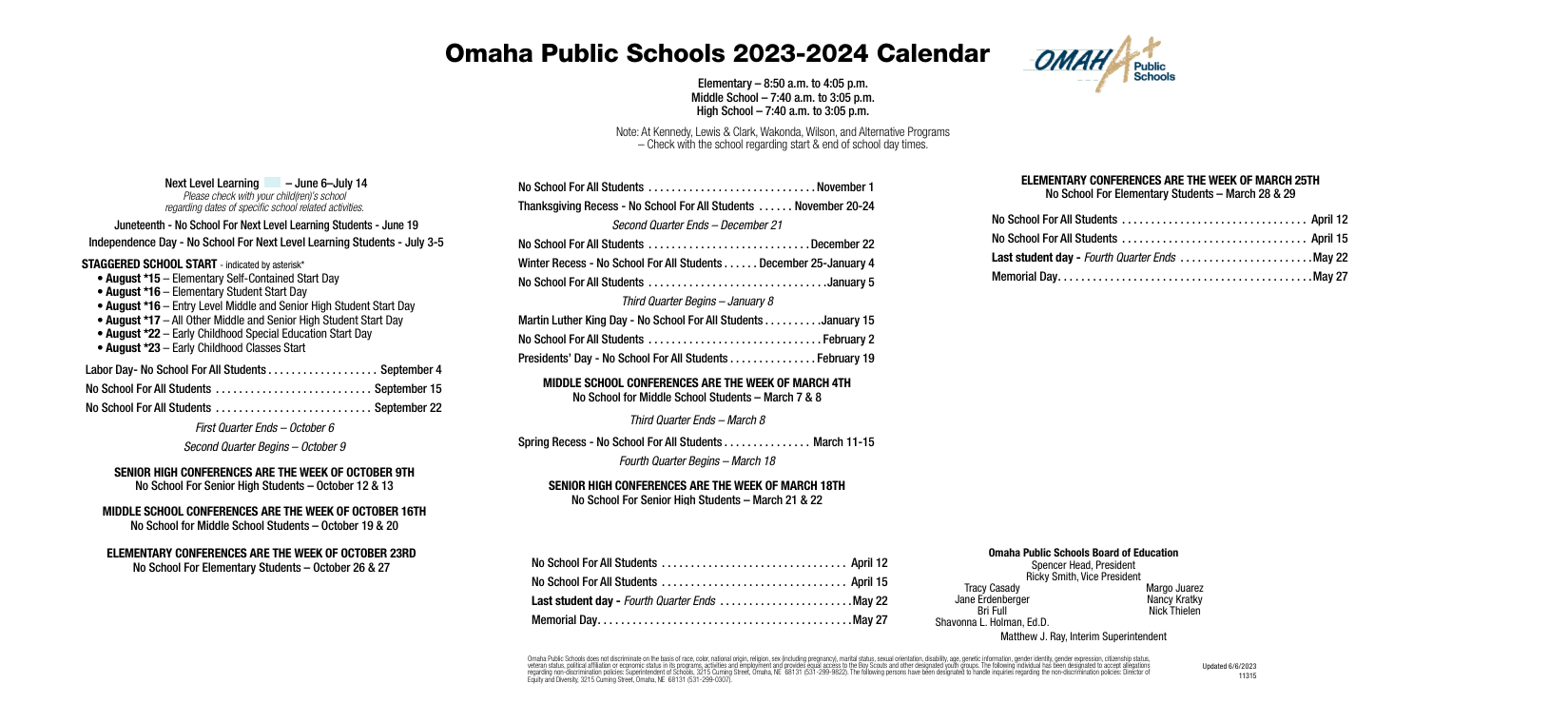 District School Academic Calendar Key for Blackburn Senior High Program