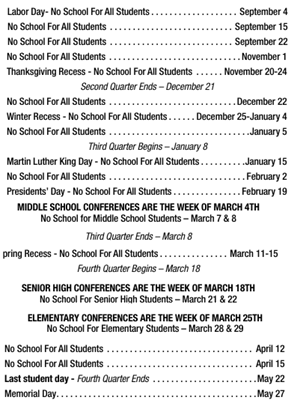 District School Academic Calendar Legend for Blackburn Senior High Program