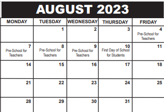 District School Academic Calendar for Jupiter Elementary School for August 2023