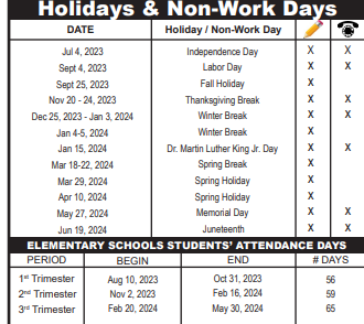 District School Academic Calendar Legend for Jupiter Elementary School