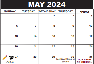 District School Academic Calendar for Palm Beach Gardens High Adult Education Center for May 2024