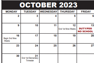 District School Academic Calendar for Grassy Waters Elementary School for October 2023