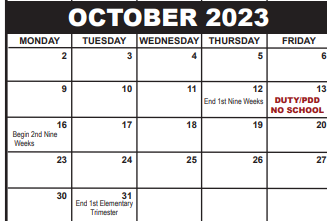 District School Academic Calendar for Jupiter Elementary School for October 2023