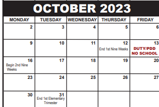 District School Academic Calendar for Life Skill Center Of Palm Beach County for October 2023