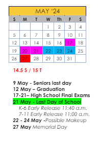 District School Academic Calendar for Ideal Alternative Ed Program for May 2024