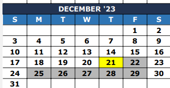District School Academic Calendar for Burnett Guidance Ctr for December 2023
