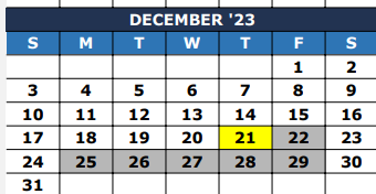 District School Academic Calendar for The Summit Intermediate for December 2023