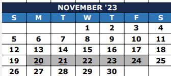 District School Academic Calendar for Earnesteen Milstead Middle School for November 2023