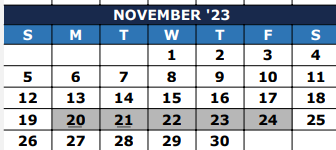 District School Academic Calendar for Laura Welch Bush Elementary for November 2023