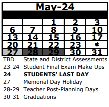 District School Academic Calendar for Moon Lake Elementary School for May 2024