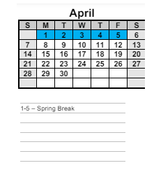 District School Academic Calendar for Hiram Elementary School for April 2024
