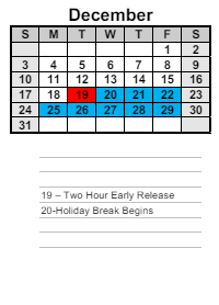 District School Academic Calendar for Hiram Elementary School for December 2023