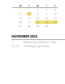 District School Academic Calendar for Meadow's Edge Elementary Sch for November 2023