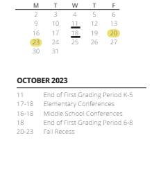 District School Academic Calendar for Meadow's Edge Elementary Sch for October 2023