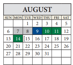 District School Academic Calendar for Travis Co J J A E P for August 2023